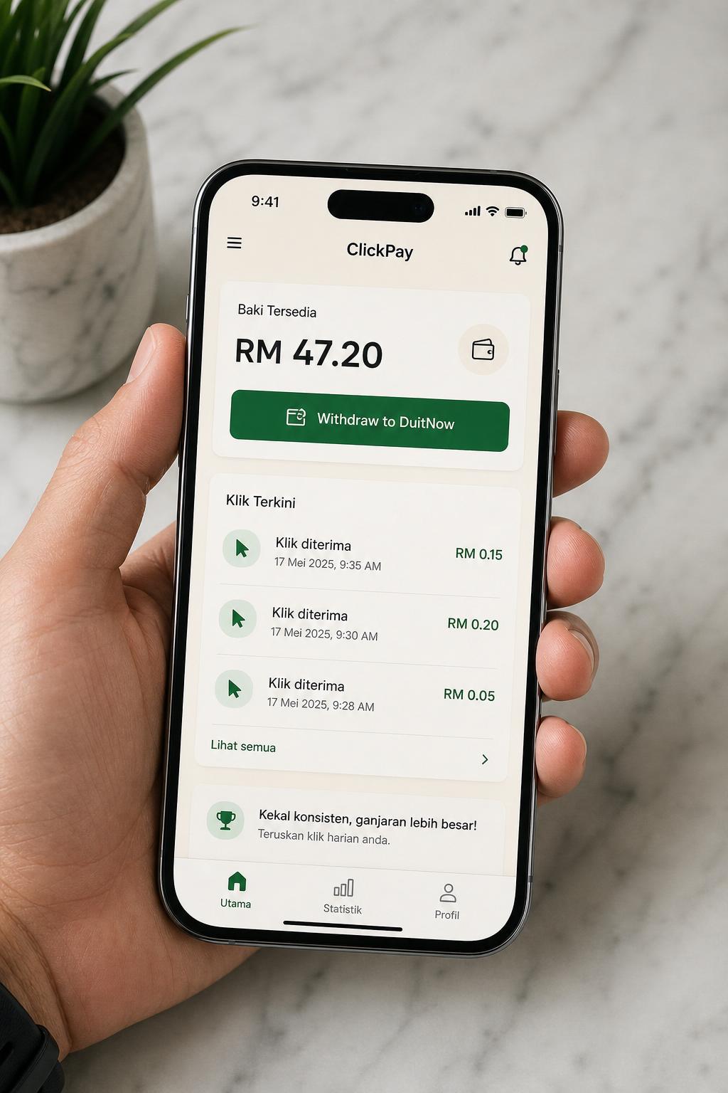 Skrin dashboard Kliqoo menunjukkan baki wallet RM47.20 dan butang Withdraw to DuitNow